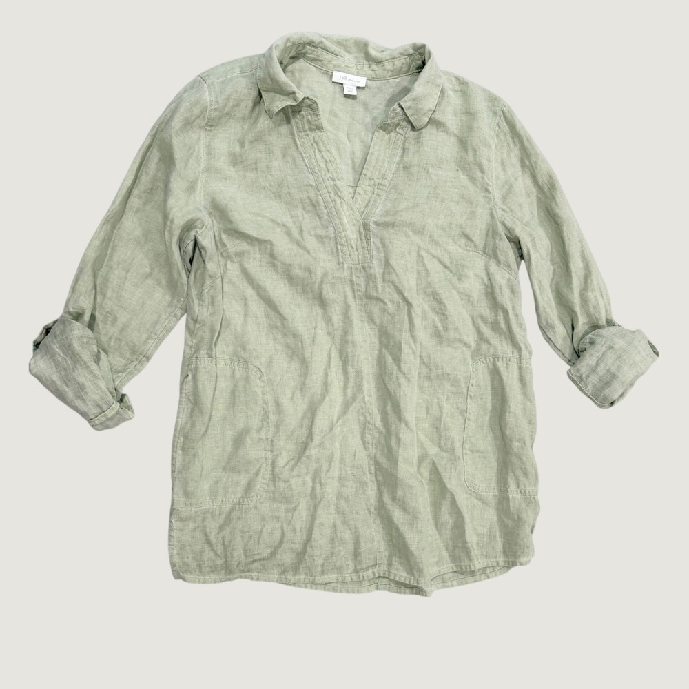 J. Jill Pure Jill Linen Tunic Sage Green V-Neck Roll Sleeve Top Fall Casual S